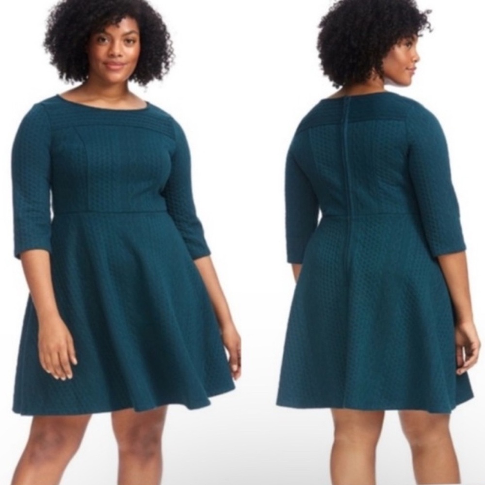 Textured Teal Fit-and-Flare Dress with Three-Quarter Sleeves
